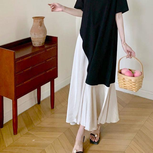 異素材アシンメトリーフレアワンピース