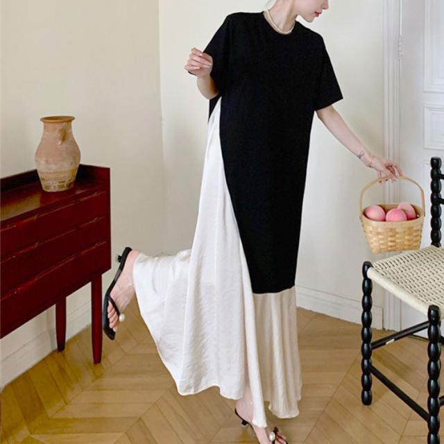 異素材アシンメトリーフレアワンピース