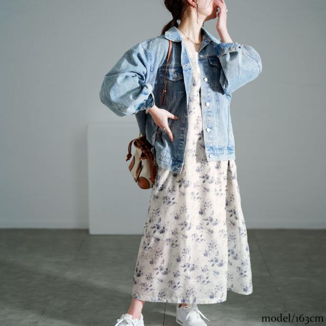 花柄シフォンジャガード深Vネックワンピース