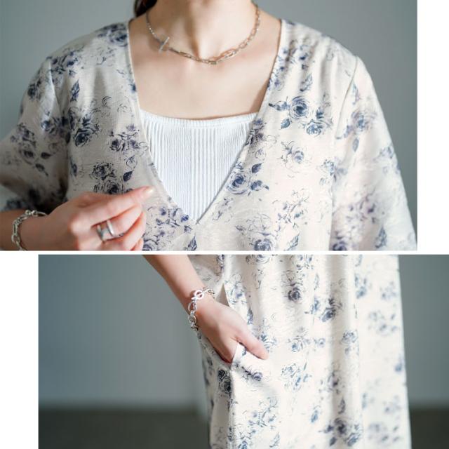 花柄シフォンジャガード深Vネックワンピース