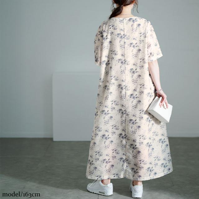 花柄シフォンジャガード深Vネックワンピース