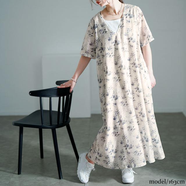花柄シフォンジャガード深Vネックワンピース