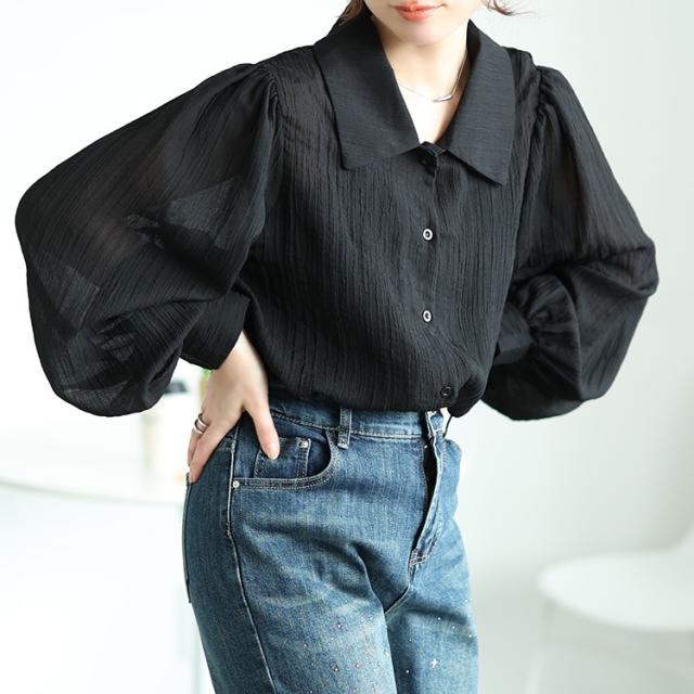 ボリュームスリーブシワ加工シアーシャツ