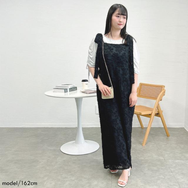 フェザージャガード肩リボンサロペットパンツ