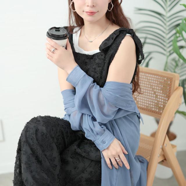 フェザージャガード肩リボンサロペットパンツ