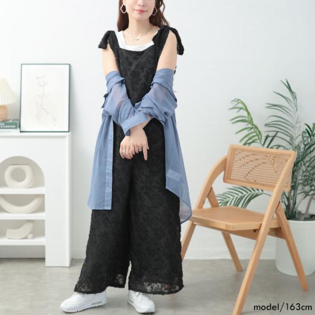 フェザージャガード肩リボンサロペットパンツ