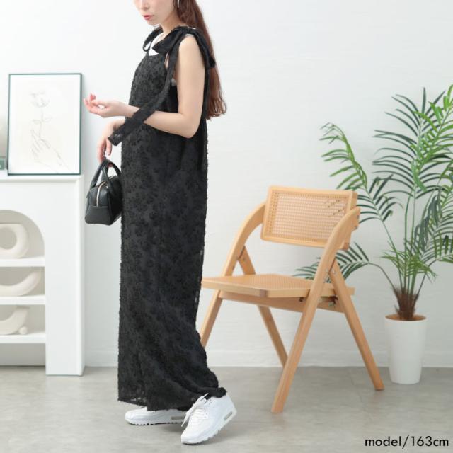 フェザージャガード肩リボンサロペットパンツ