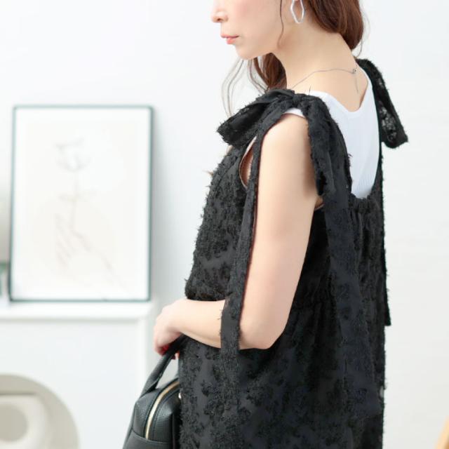 フェザージャガード肩リボンサロペットパンツ