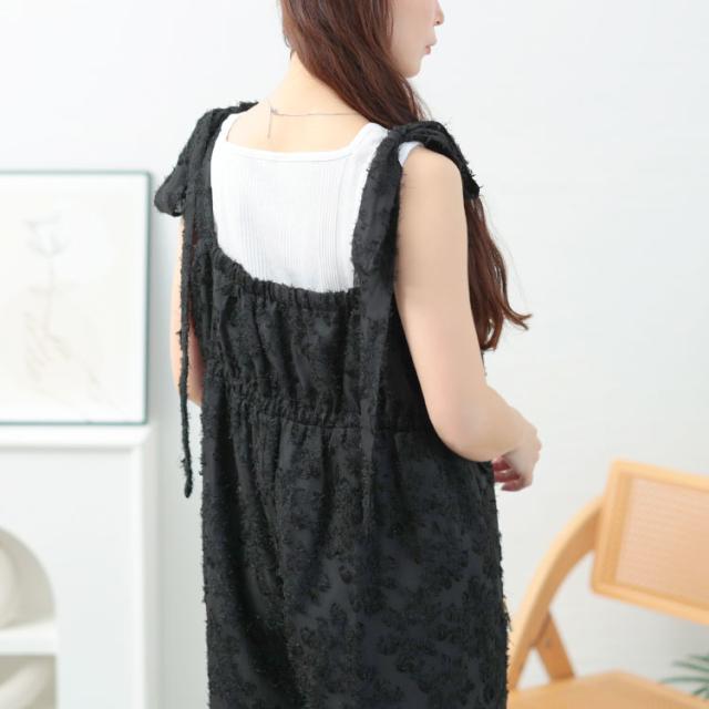 フェザージャガード肩リボンサロペットパンツ