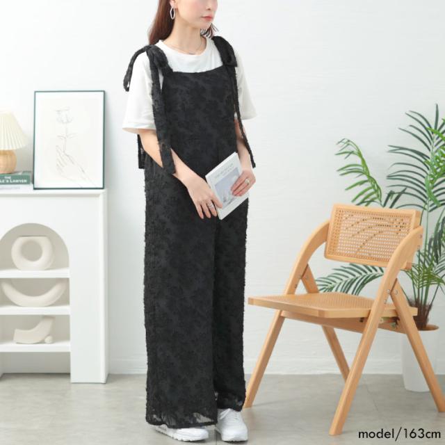 フェザージャガード肩リボンサロペットパンツ