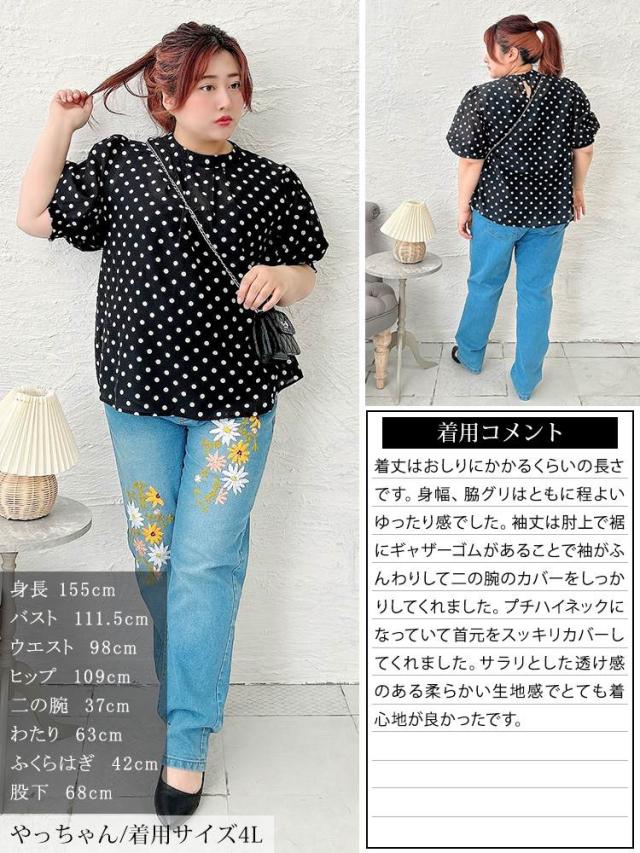 ドット柄バンドカラーパフスリーブブラウス