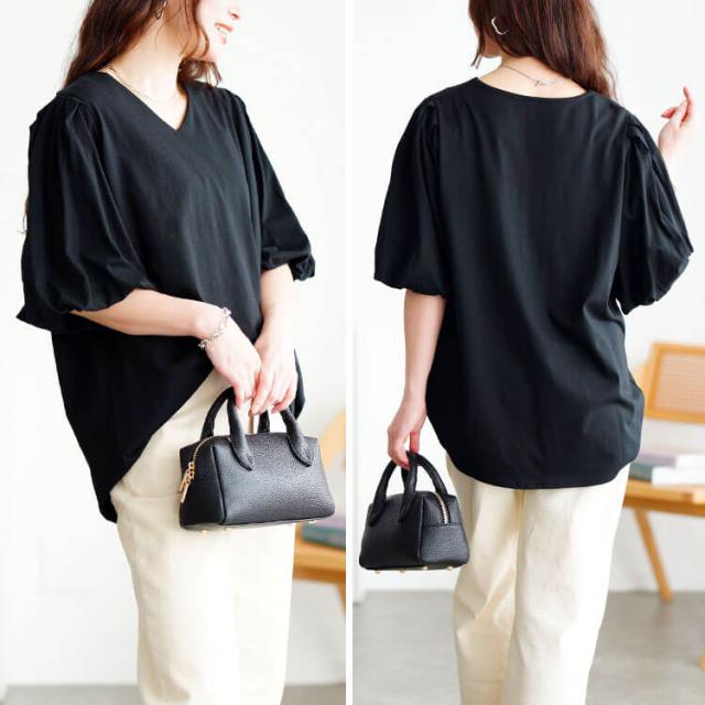 Vネックパフスリーブコットンカットソー