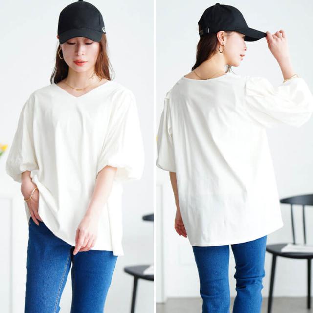Vネックパフスリーブコットンカットソー