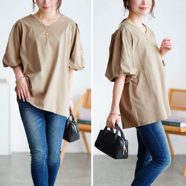 Vネックパフスリーブコットンカットソー