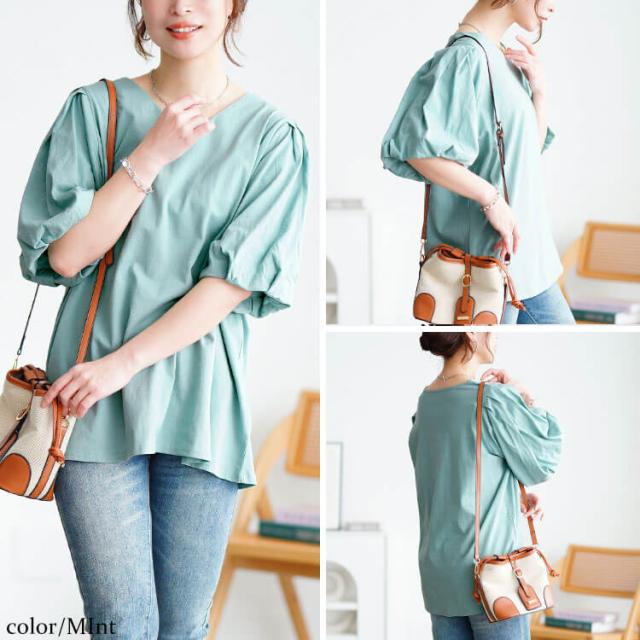 Vネックパフスリーブコットンカットソー