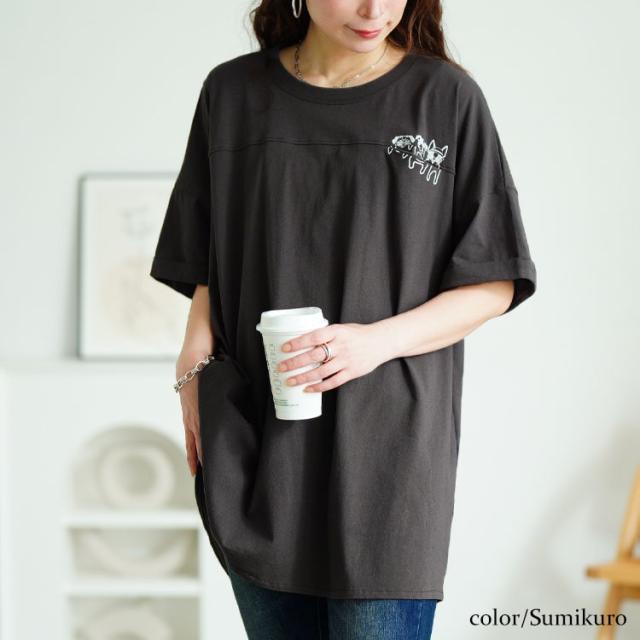 ドッグプリントコットンチュニックTシャツ