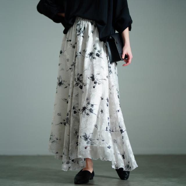 花柄シフォンジャガードフレアスカート