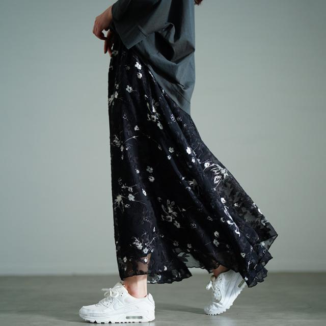 花柄シフォンジャガードフレアスカート