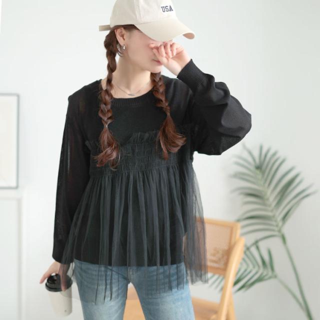 ビスチェ風チュールドッキングサマーニット