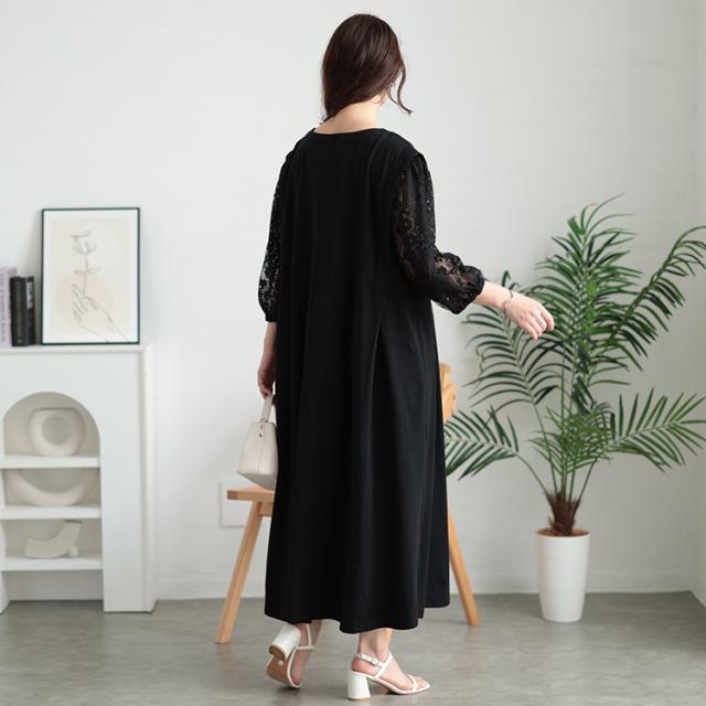 接触冷感レース袖切り替えワンピース