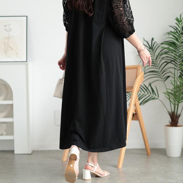 接触冷感レース袖切り替えワンピース