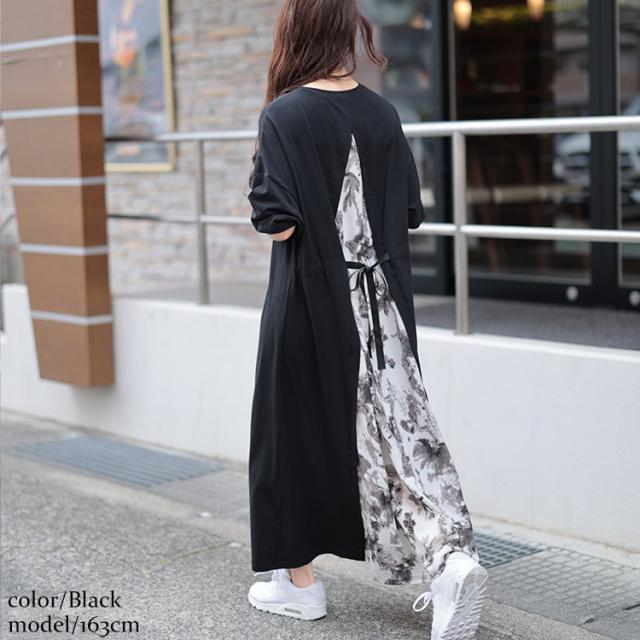 接触冷感後ろ花柄切り替えワンピース