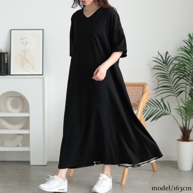 接触冷感後ろ花柄切り替えワンピース