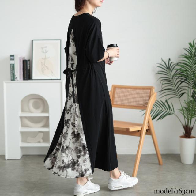 接触冷感後ろ花柄切り替えワンピース