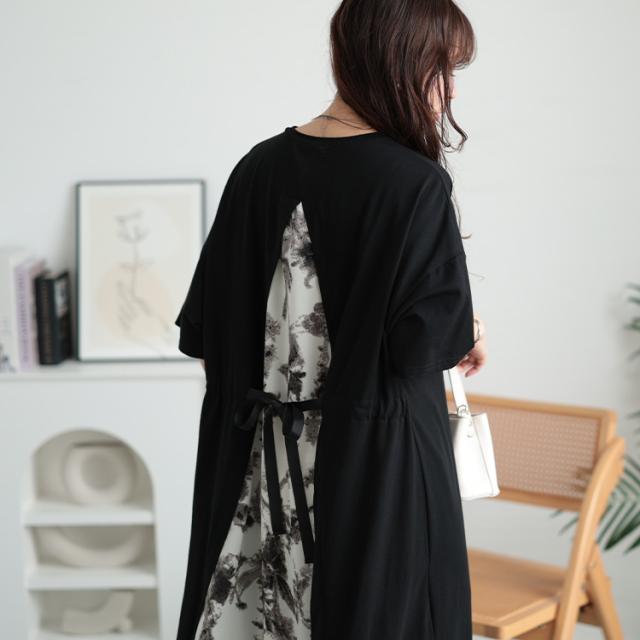 接触冷感後ろ花柄切り替えワンピース