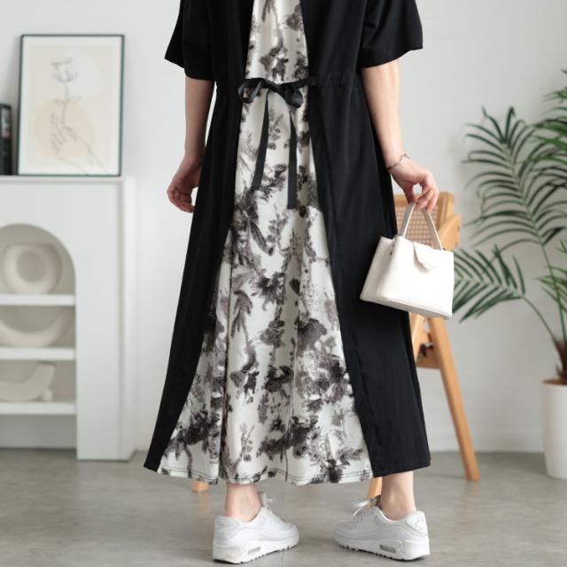 接触冷感後ろ花柄切り替えワンピース