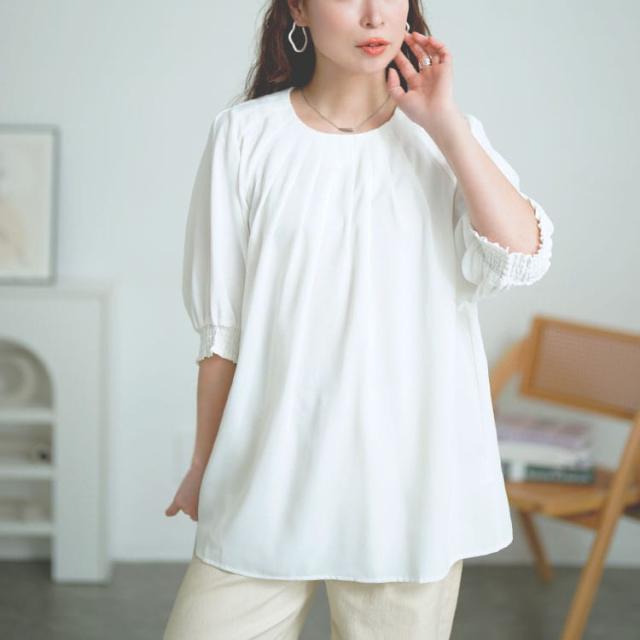 胸元タックパフスリーブブラウス