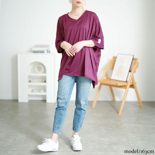 袖ワッペンVネックオーバーサイズTシャツ
