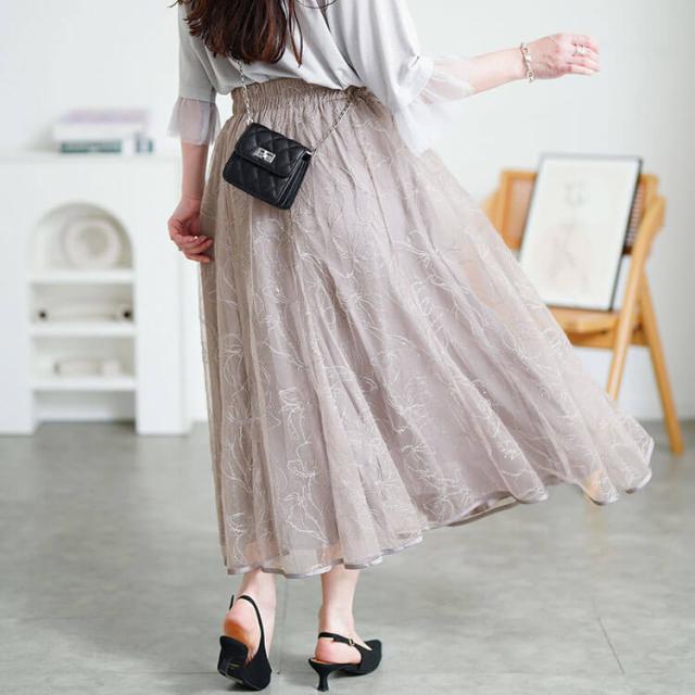 花柄ラメ刺繍チュールレイヤードスカート