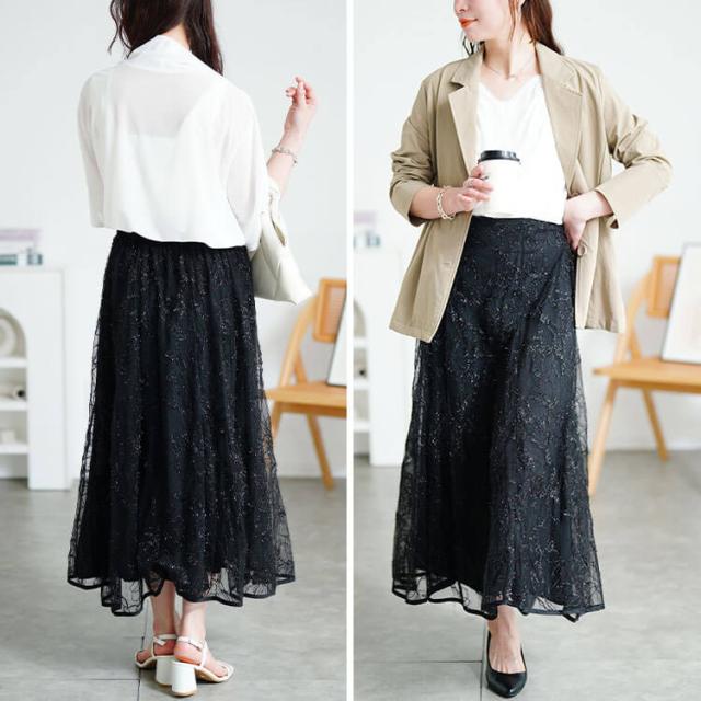 花柄ラメ刺繍チュールレイヤードスカート