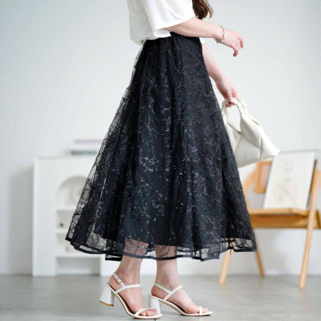 花柄ラメ刺繍チュールレイヤードスカート