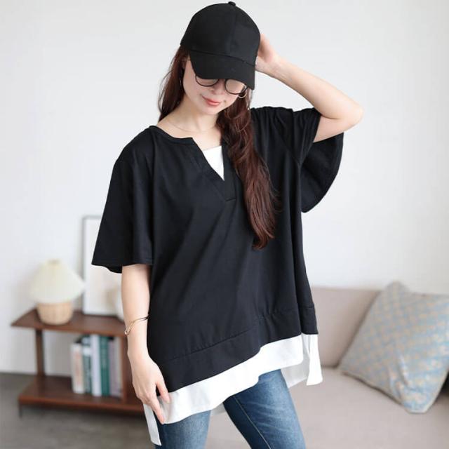 フレアスリーブフェイクレイヤードチュニック