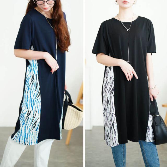 アート柄サイド切り替えワンピース