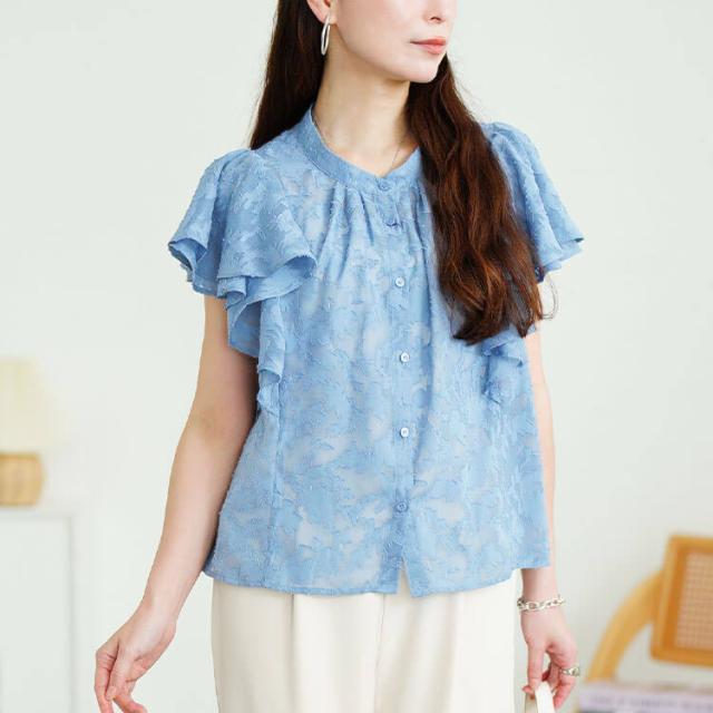 リーフ柄ジャガードフリルブラウス