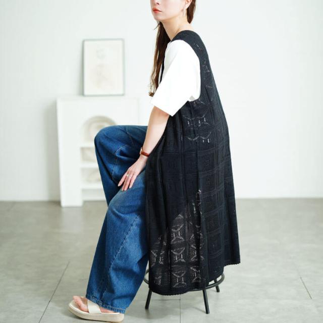 レース編みロングジレ