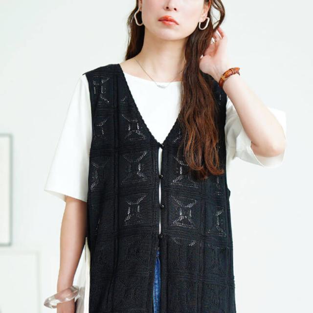 レース編みロングジレ