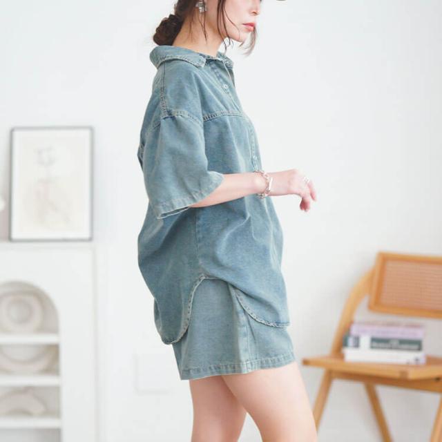 デニムシャツ&ショートパンツセットアップ