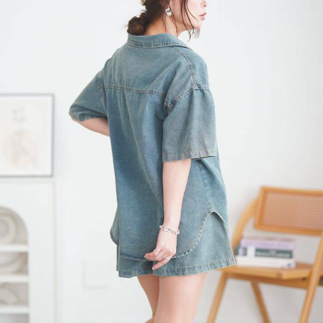 デニムシャツ&ショートパンツセットアップ