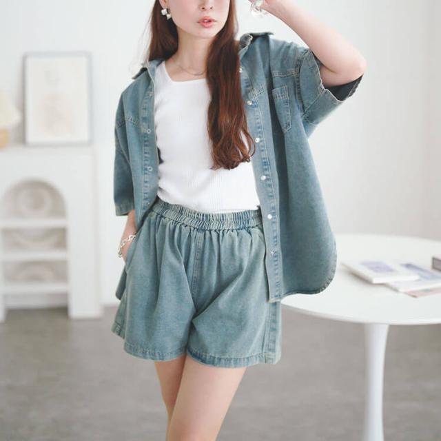 デニムシャツ&ショートパンツセットアップ