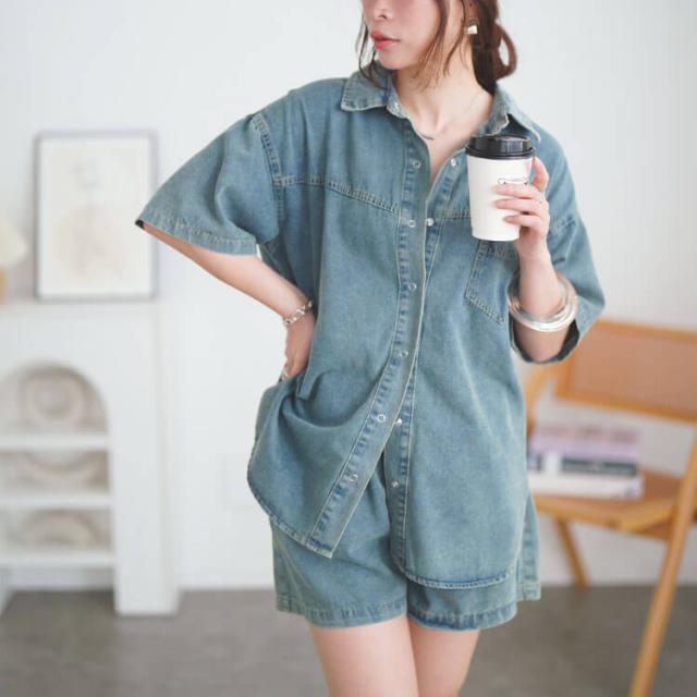 デニムシャツ&ショートパンツセットアップ