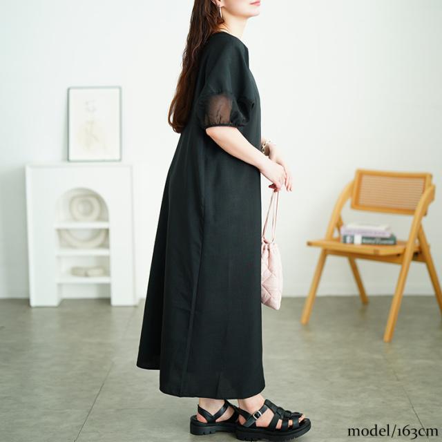 シアー切り替えパフスリーブ麻調ワンピース