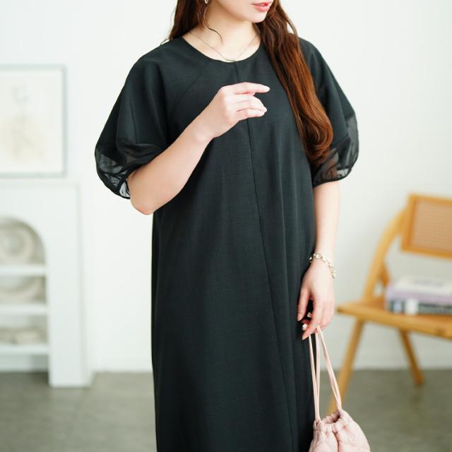 シアー切り替えパフスリーブ麻調ワンピース