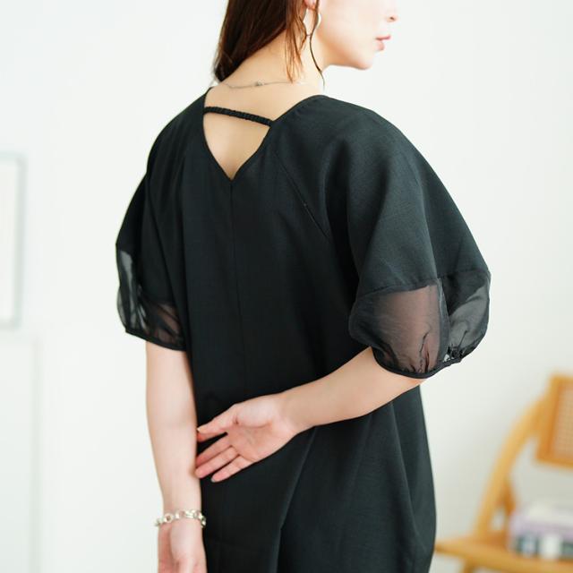 シアー切り替えパフスリーブ麻調ワンピース