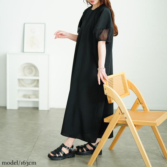 シアー切り替えパフスリーブ麻調ワンピース