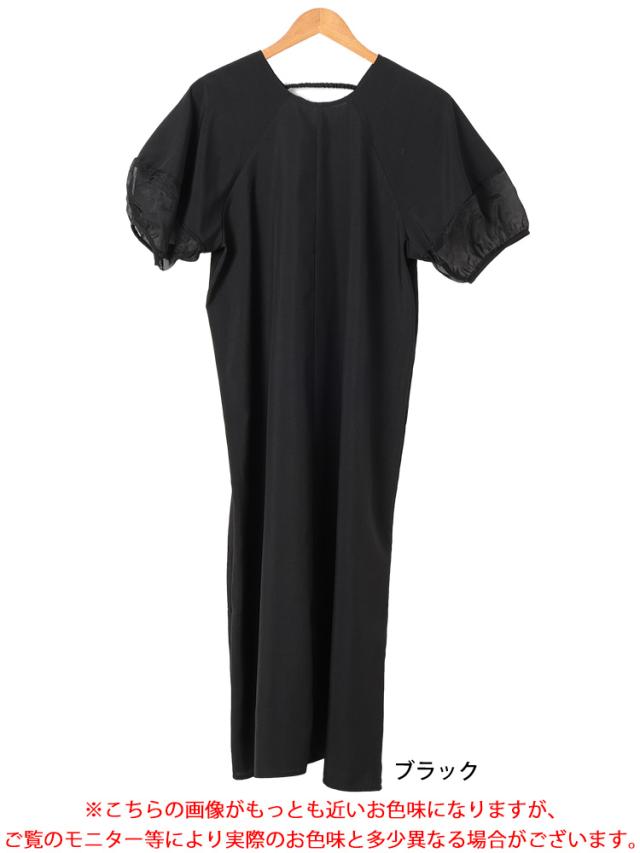 シアー切り替えパフスリーブ麻調ワンピース