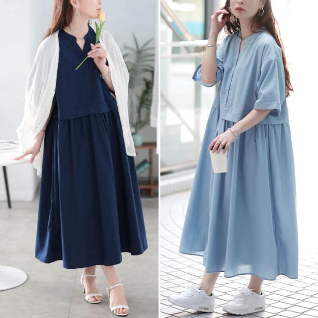 キーネック切り替えワンピース